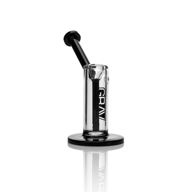 Upright Bubbler - Small - Black Accent with fixed fission downstem and angled mouthpiece, visible glass construction, featuring black handle and accents for comfortable use.