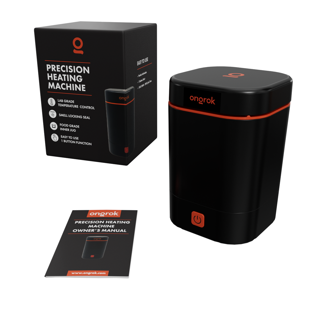 Decarboxylator Machine with black and orange design, featuring a simple one-button operation and an odor-minimizing seal for precise herb activation at home.