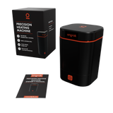 Decarboxylator Machine with black and orange design, featuring a simple one-button operation and an odor-minimizing seal for precise herb activation at home.