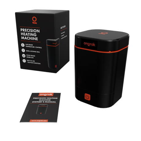 Decarboxylator Machine with black and orange design, featuring a simple one-button operation and an odor-minimizing seal for precise herb activation at home.