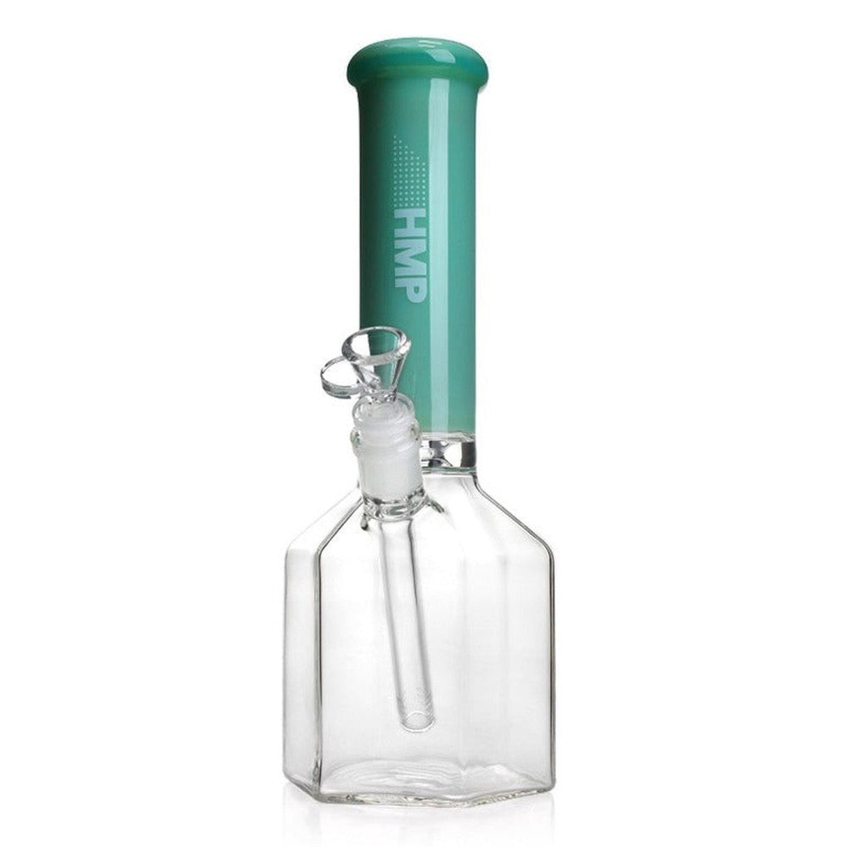 12 Glass Hexagon Bong - Heavy Duty features a transparent glass design with a distinct green tube, showcasing its hexagonal base for enhanced stability and superior smoking performance.