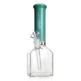 12 Glass Hexagon Bong - Heavy Duty features a transparent glass design with a distinct green tube, showcasing its hexagonal base for enhanced stability and superior smoking performance.