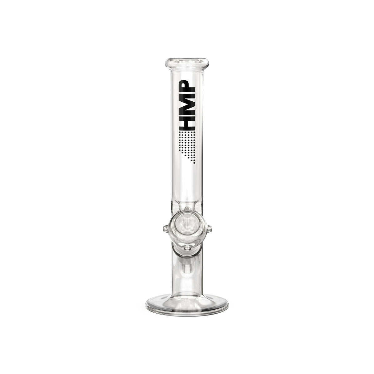 16 Glass Straight Bong with a clear round base and black logo, featuring an ice pinch for cooler hits and easy cleaning.