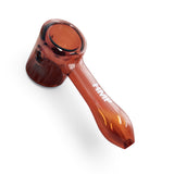 Close-up of a 4.5 Glass Hammer Pipe, featuring a sleek, brown glass design with a handle, highlighting its compact and ergonomic form for smokers.