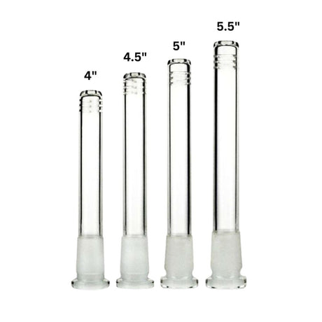 4.5 Replacement Glass Downstem, precision-crafted, shown among other glass tubes, designed for smoother hits and improved bong filtration; compatible with various sizes.