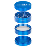 4pcs Metal 2.2 Magnetic Grinder featuring a blue metal design, multiple parts, a mesh screen, and a magnetic lid for efficient herb grinding.