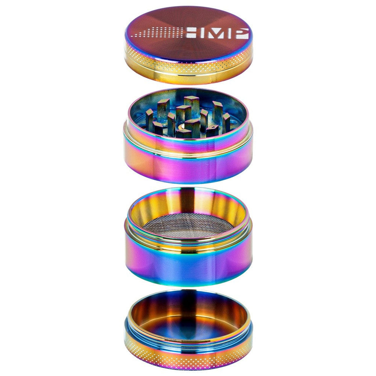 4pcs Metal 2.2 Magnetic Grinder with a multicolored metal design, featuring a magnetic cap and kief catcher for efficient herb grinding.