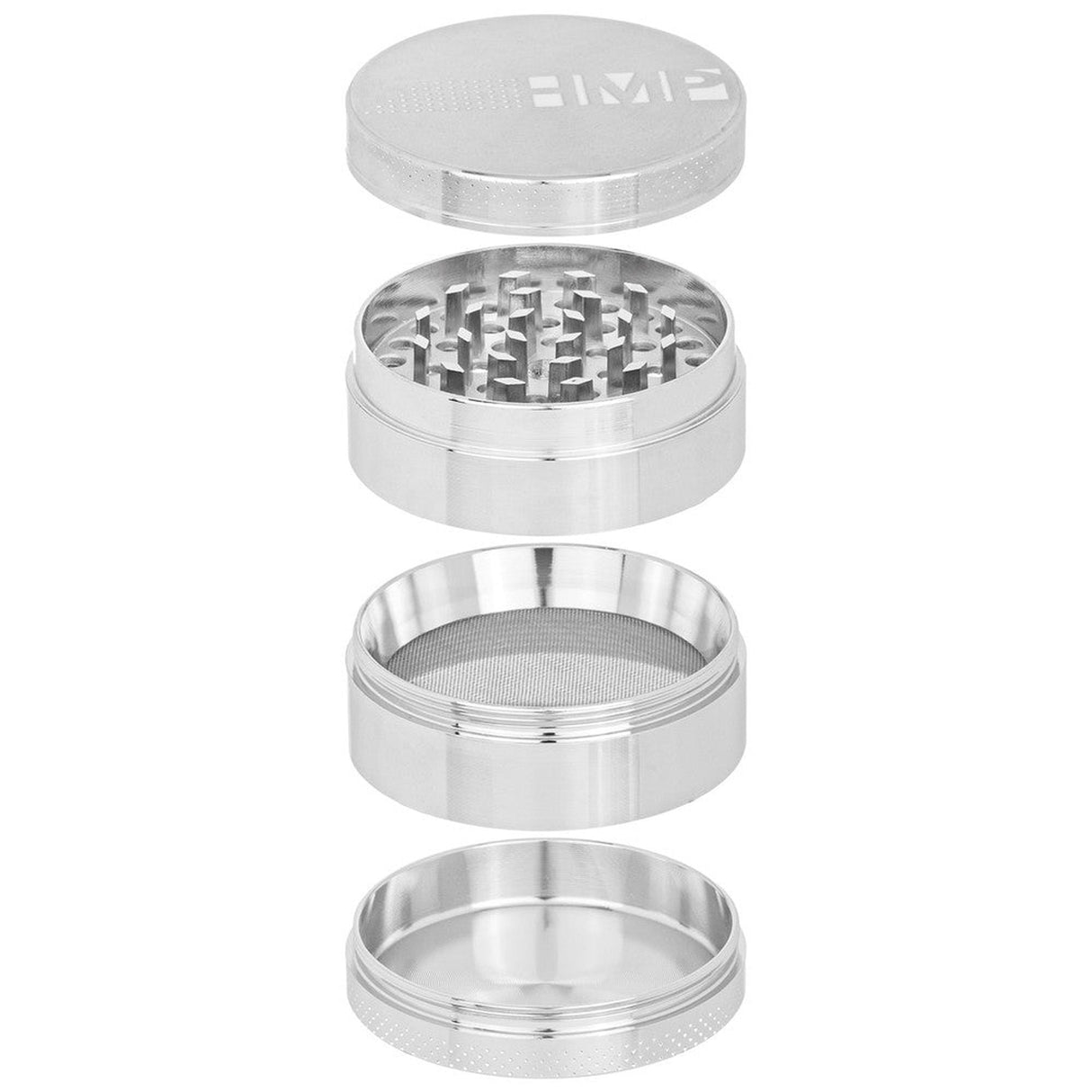 4pcs Metal 2.2 Magnetic Grinder, featuring a sleek metal design with a magnetic cap, multiple parts, and a mesh sieve for efficient herb grinding.