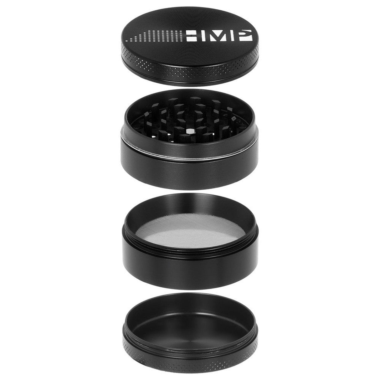 4pcs Metal 2.2 Magnetic Grinder, showcasing a black metal grinder with multiple detachable parts, including a magnetic cap and mesh lid for efficient herb grinding.