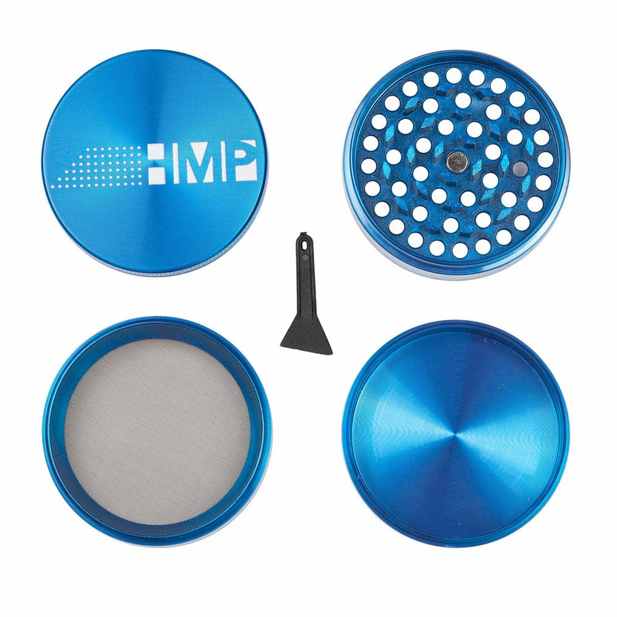 4pcs Metal 2.5 Magnetic Grinder with circular holes, white mesh, and magnetic cap for efficient herb grinding. Ideal for portability and durability.