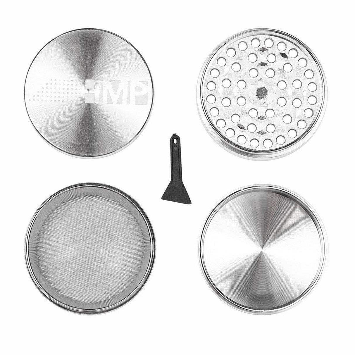 4pcs Metal 2.5 Magnetic Grinder featuring circular metal design and magnetic cap, ideal for efficient herb grinding and storage.