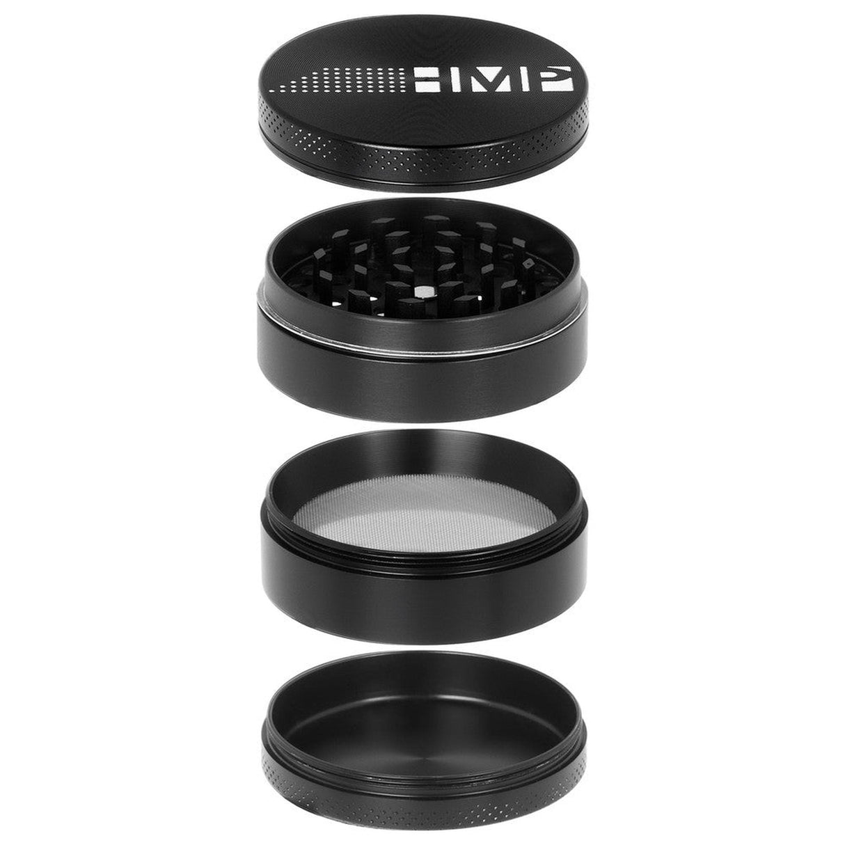 4pcs Metal 2.5 Magnetic Grinder features a black metal design with a magnetic lid, spacious chamber, and kief catcher for efficient herb grinding.