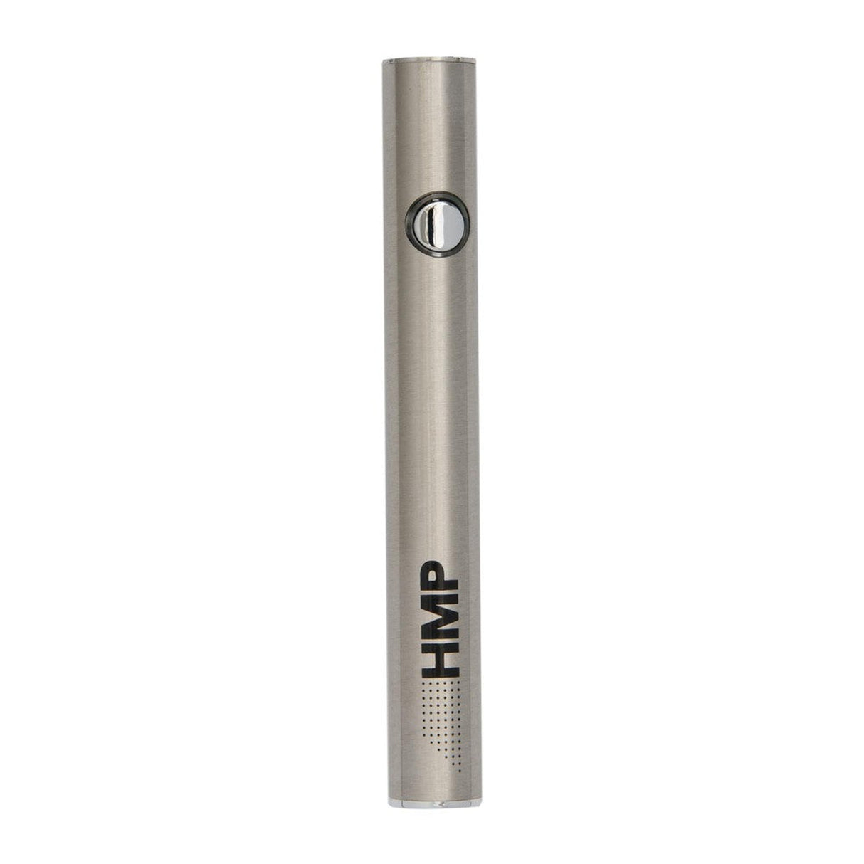 Silver cylindrical 510 Thread Battery with a round button and coin slot, designed for vaping, compatible with various cartridges and featuring adjustable temperature settings.