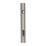 Silver cylindrical 510 Thread Battery with a round button and coin slot, designed for vaping, compatible with various cartridges and featuring adjustable temperature settings.