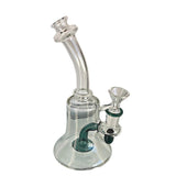 7 Glass Dab Rig with a green tube, hourglass shape, and showerhead percolator for smooth, efficient vapor production.