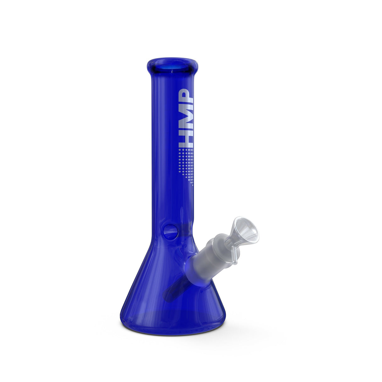 8 Glass Beaker Bong from the Premier Color Collection featuring a blue design with white text, showcasing compact, durable borosilicate glass craftsmanship.