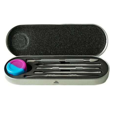 Dab Tool Set - Silver: A comprehensive set of double-sided dab tools in a protective storage case, designed for efficient handling of concentrates.