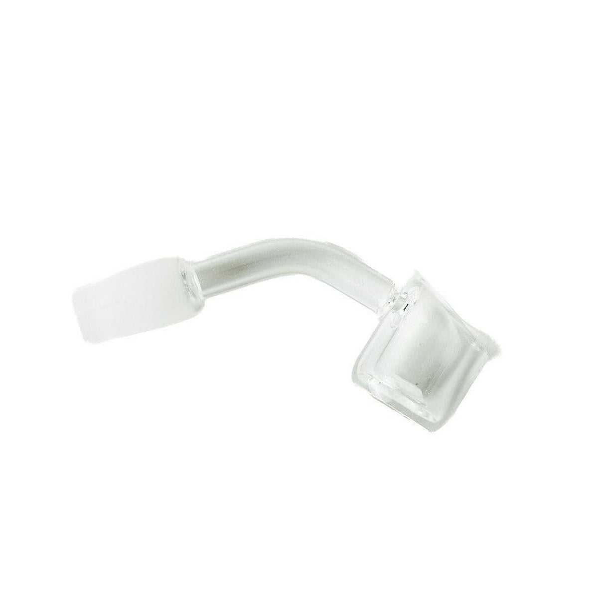 Quartz Banger - 45 Degree - Polished: A clear glass tube with a white cap, featuring a 22mm bucket and 14mm female joint for use with water pipes.