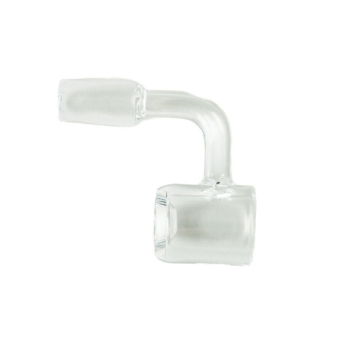 Quartz Banger - 90 Degree: A clear glass pipe with a bent tip and long neck, featuring a 22mm bucket and 14mm female joint.