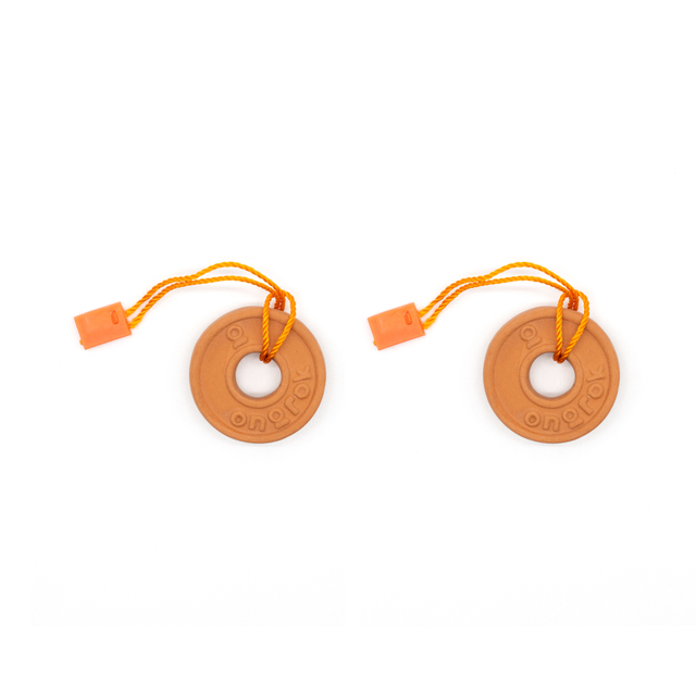 Reusable Humidifying Stones - 2 Pack: Two round terracotta clay stones with orange string, designed to maintain moisture in storage containers, ensuring freshness of herbs and humidity-sensitive items.