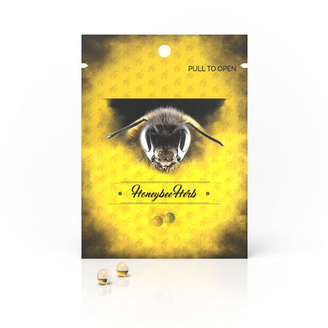 Honey Terp Pearls - 4mm - Clear, in a bee-themed package, designed for optimal heat distribution and enhanced flavor during low-temp dabbing sessions.