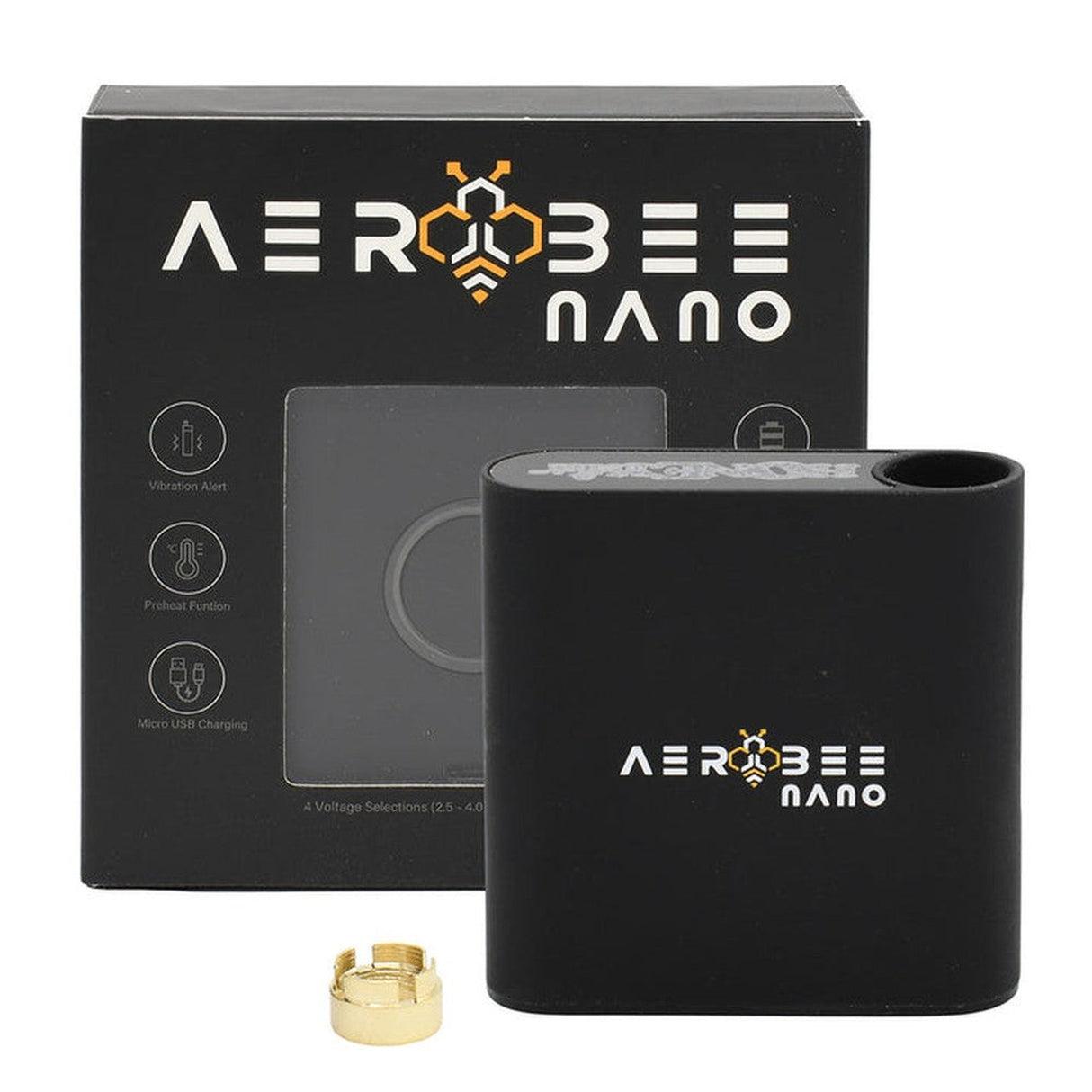 AeroBee Nano 510 Thread Battery - Black, featuring a sleek design with a yellow and white bee logo, includes a magnetic attachment for cartridges.