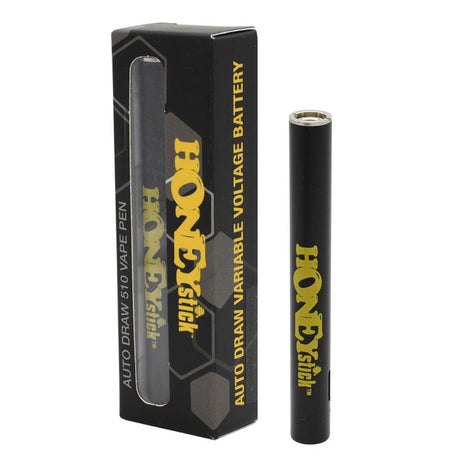 Auto Draw 510 Thread Battery - Black, featuring a sleek matte finish, yellow HoneyStick logo, and user-friendly inhale-activated design for convenient vaping.