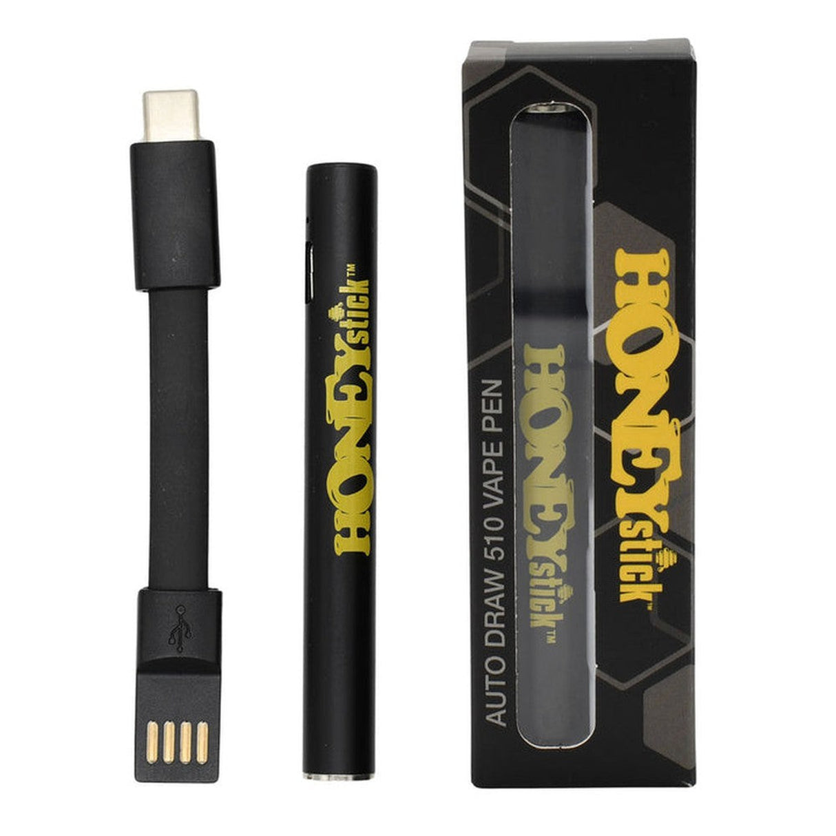 Auto Draw 510 Thread Battery - Black, featuring a sleek pen-style design with a yellow HoneyStick logo, shown next to its black box packaging.