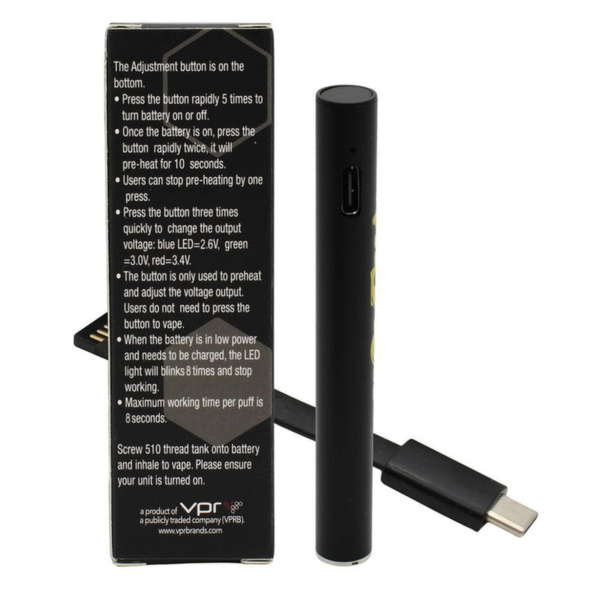 Auto Draw 510 Thread Battery - Black, featuring a sleek pen design with inhale activation, a prominent HoneyStick logo, and an intuitive button for easy voltage adjustments.