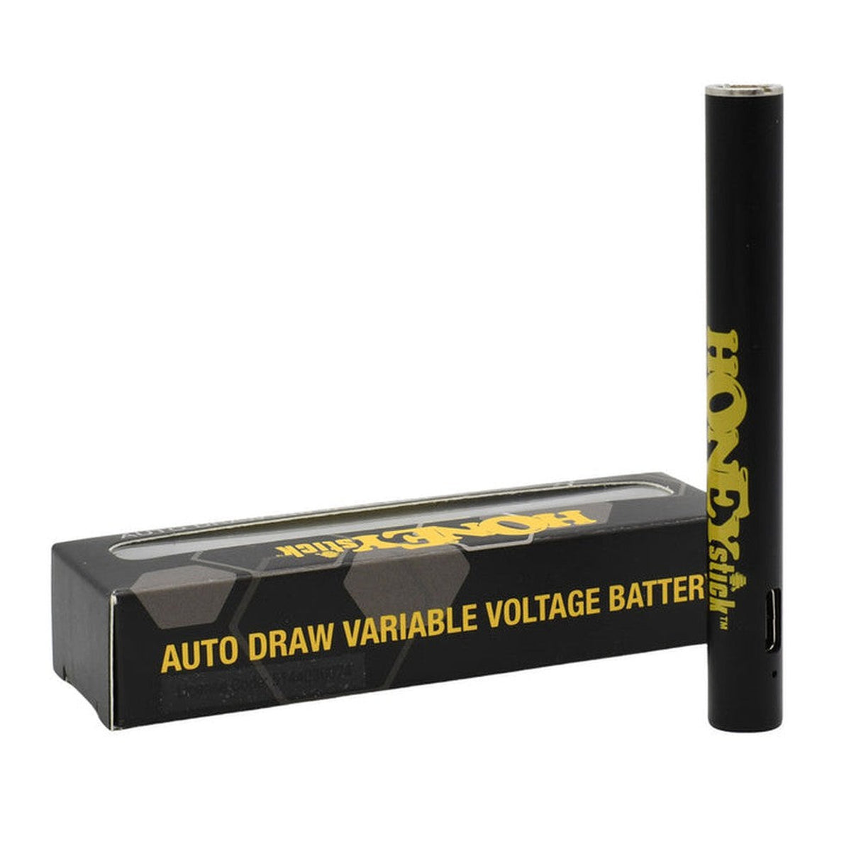 Auto Draw 510 Thread Battery - Black with yellow HoneyStick logo, sleek matte design, featuring an inhale-activated function and easy-to-use power settings button.