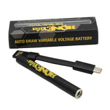 Auto Draw 510 Thread Battery - Black featuring a pen-style design with a HoneyStick logo, USB-C charger, and settings adjustment button, suitable for vaping enthusiasts.