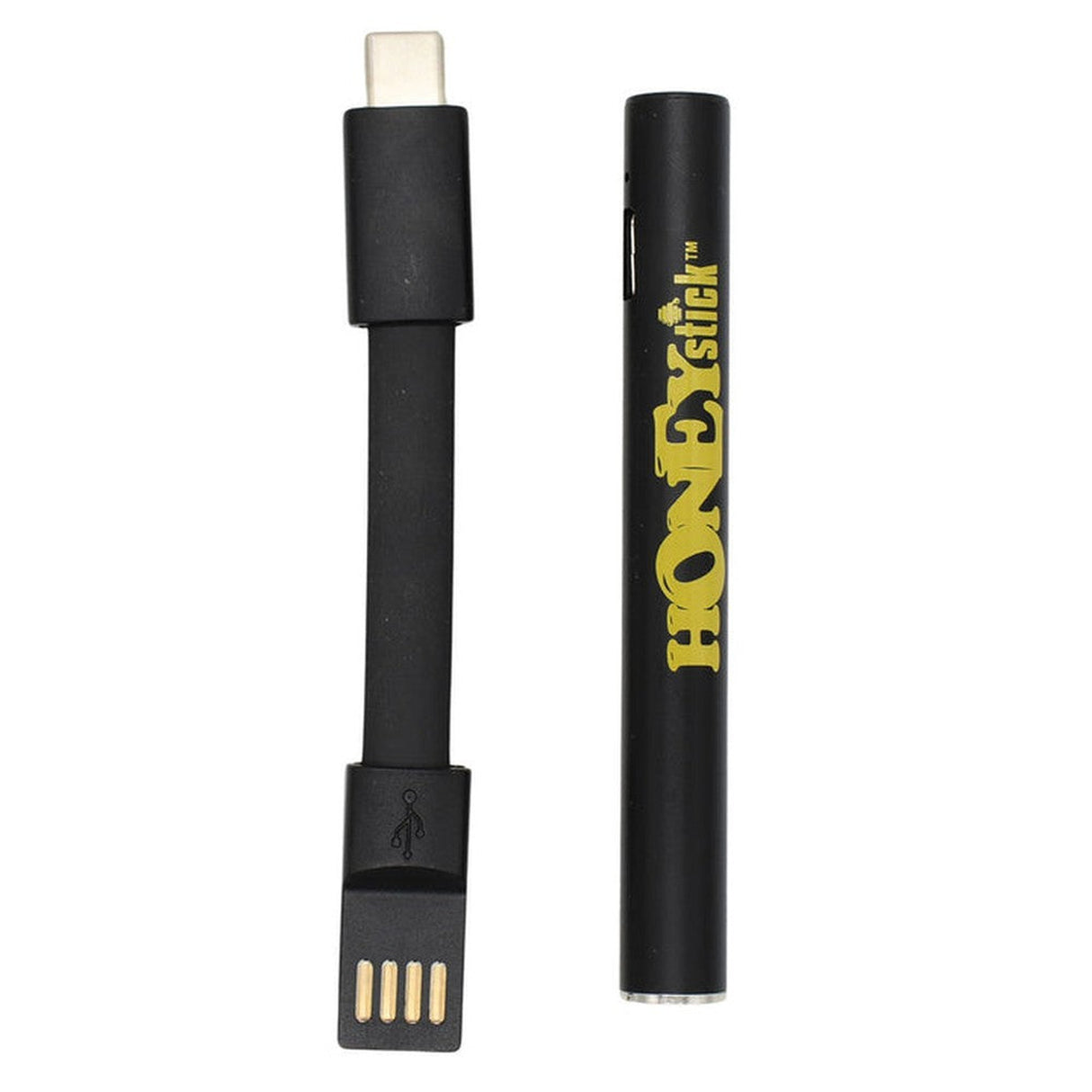 Auto Draw 510 Thread Battery - Black with matte finish, featuring a yellow HoneyStick logo, USB-C charging cable, and streamlined pen-style design for vaping.