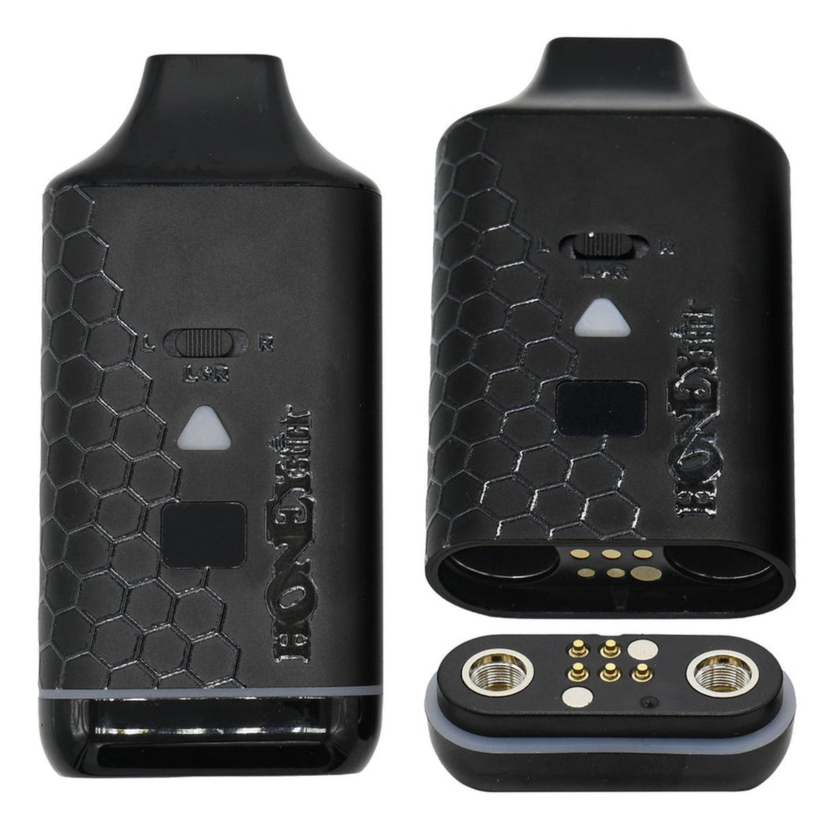 DUO Cartridge 510 Thread Battery featuring a black rectangular design with hexagon pattern, white button, and dual 510 cartridge compatibility for versatile vaping.