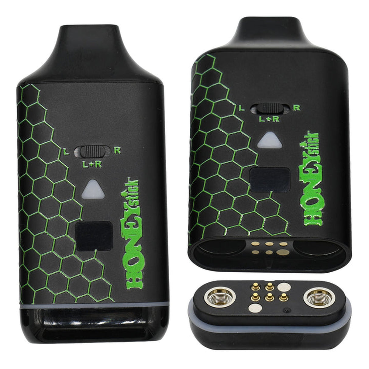 DUO Cartridge 510 Thread Battery featuring a black rectangular design with hexagon pattern and buttons, accommodating dual 510 cartridges for versatile vaping.