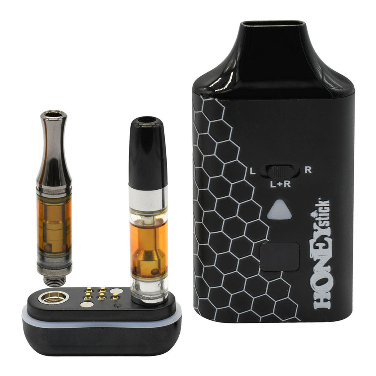 DUO Cartridge 510 Thread Battery shown with sleek design, hexagon pattern, accommodating dual 510 carts, USB-C charging port visible, enhancing vaping versatility and convenience.