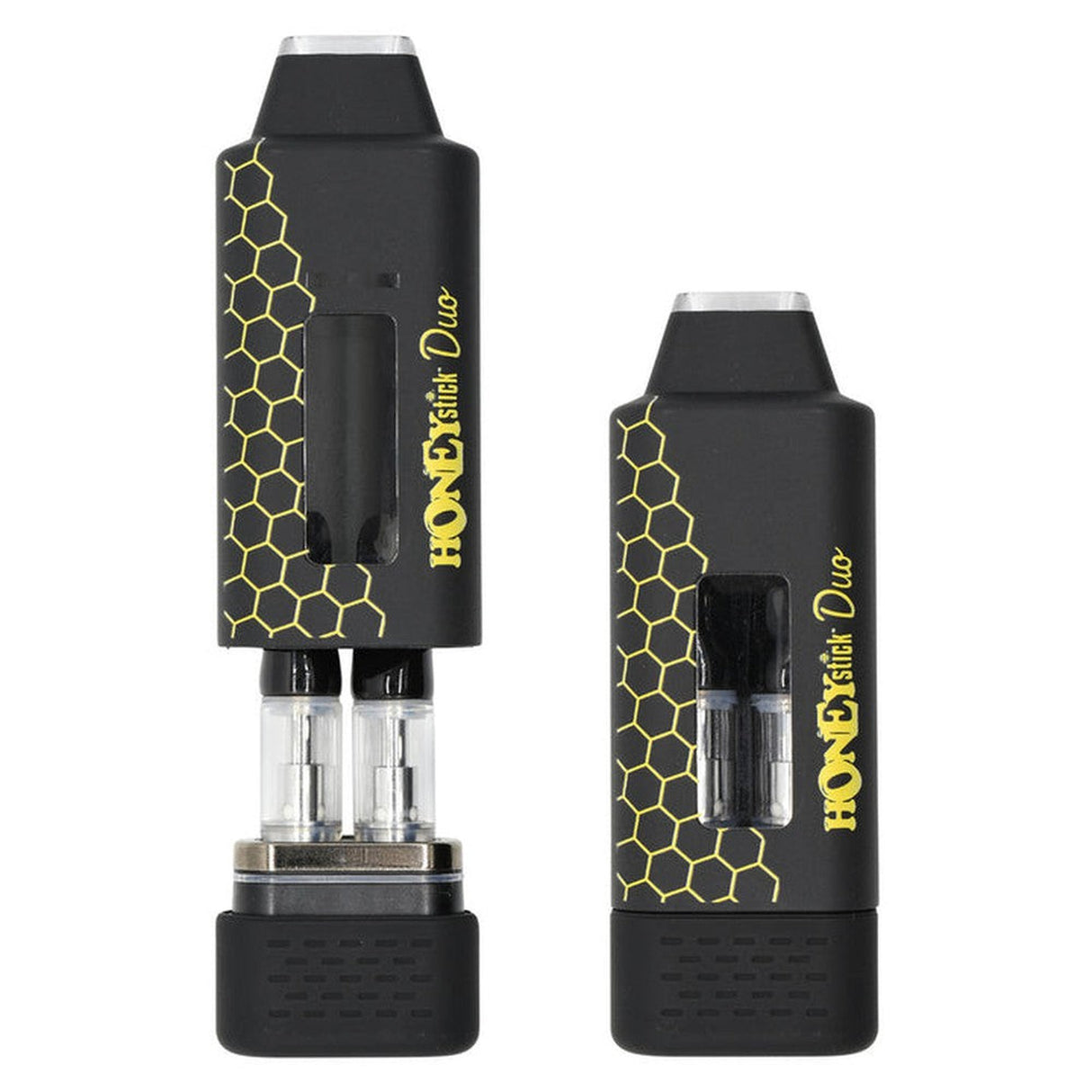 DUO Cartridge 510 Thread Battery with dual 510-cart compatibility, showcasing its sleek black design and clear tube for versatile vaping experiences.