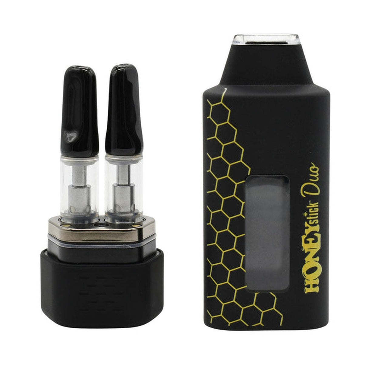 DUO Cartridge 510 Thread Battery with black and silver vape pen, black container, and USB-C charging, designed for dual 510 cartridges.