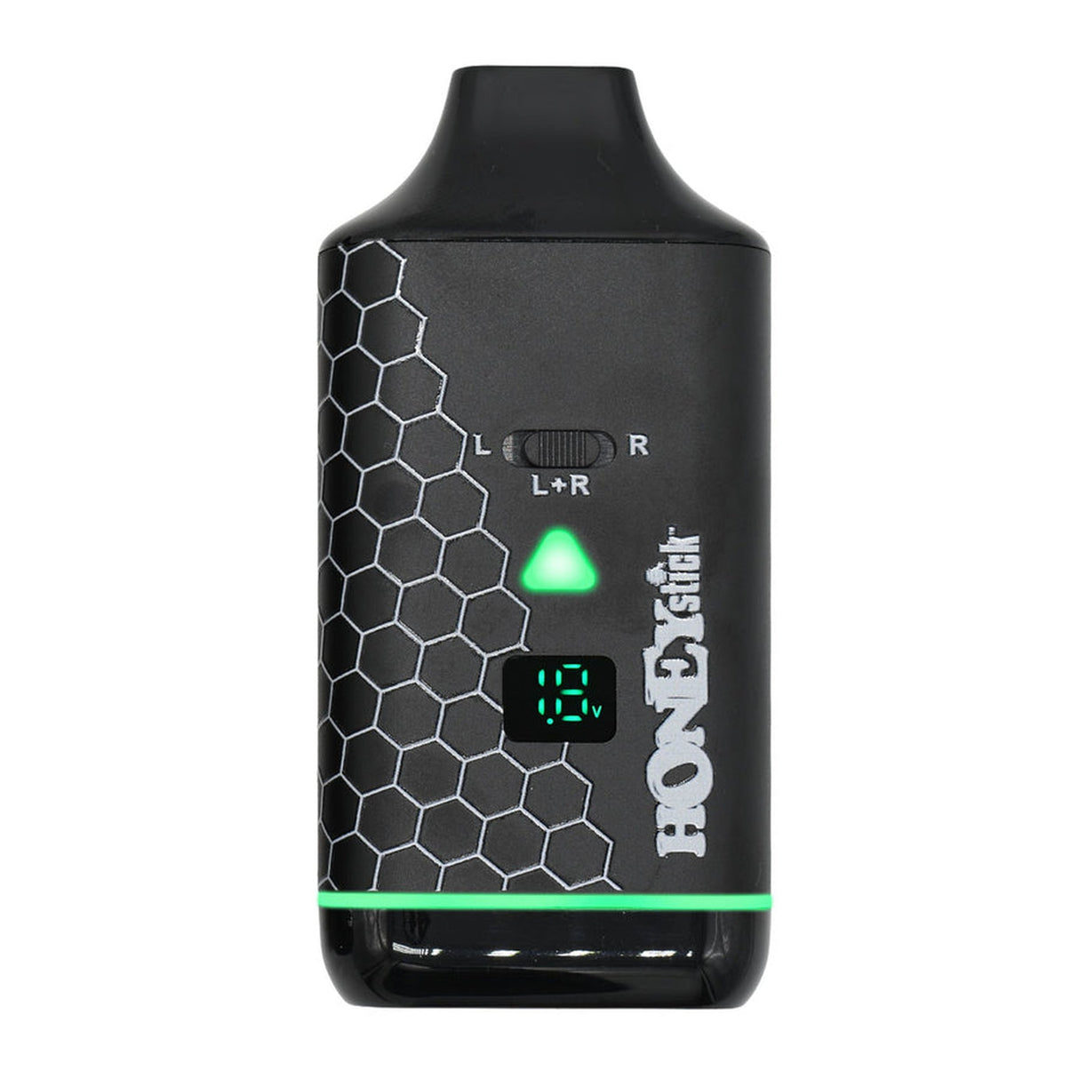 Black DUO Cartridge 510 Thread Battery with green lights, hexagon pattern, digital clock display, and logo, designed for dual cartridge vaping versatility.