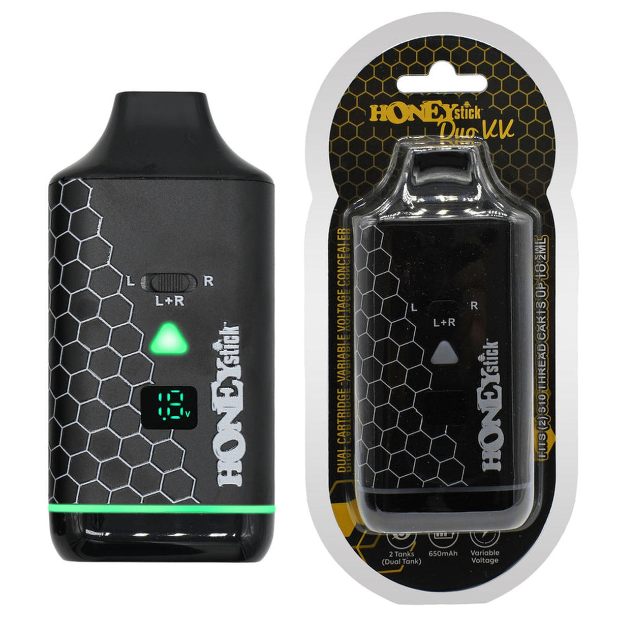 DUO Cartridge 510 Thread Battery with black rectangular design, green indicator light, and digital display, showcased in its packaging for versatile vaping.