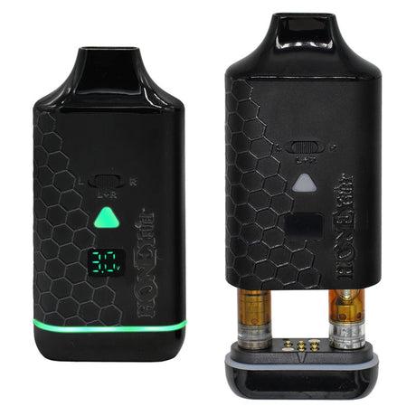 DUO Cartridge 510 Thread Battery featuring black sleek design, green lights, and dual 510 cart slots for versatile vaping experience with USB-C charging.