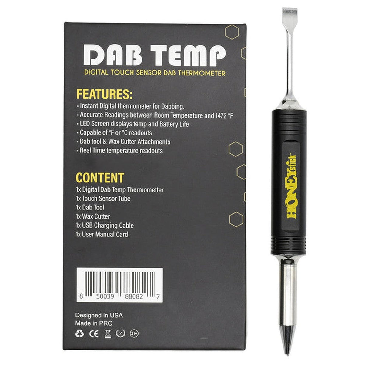 Dab Temp Reader with silver handle, black and yellow features, offers precise temperature control for enhanced dabbing experience.