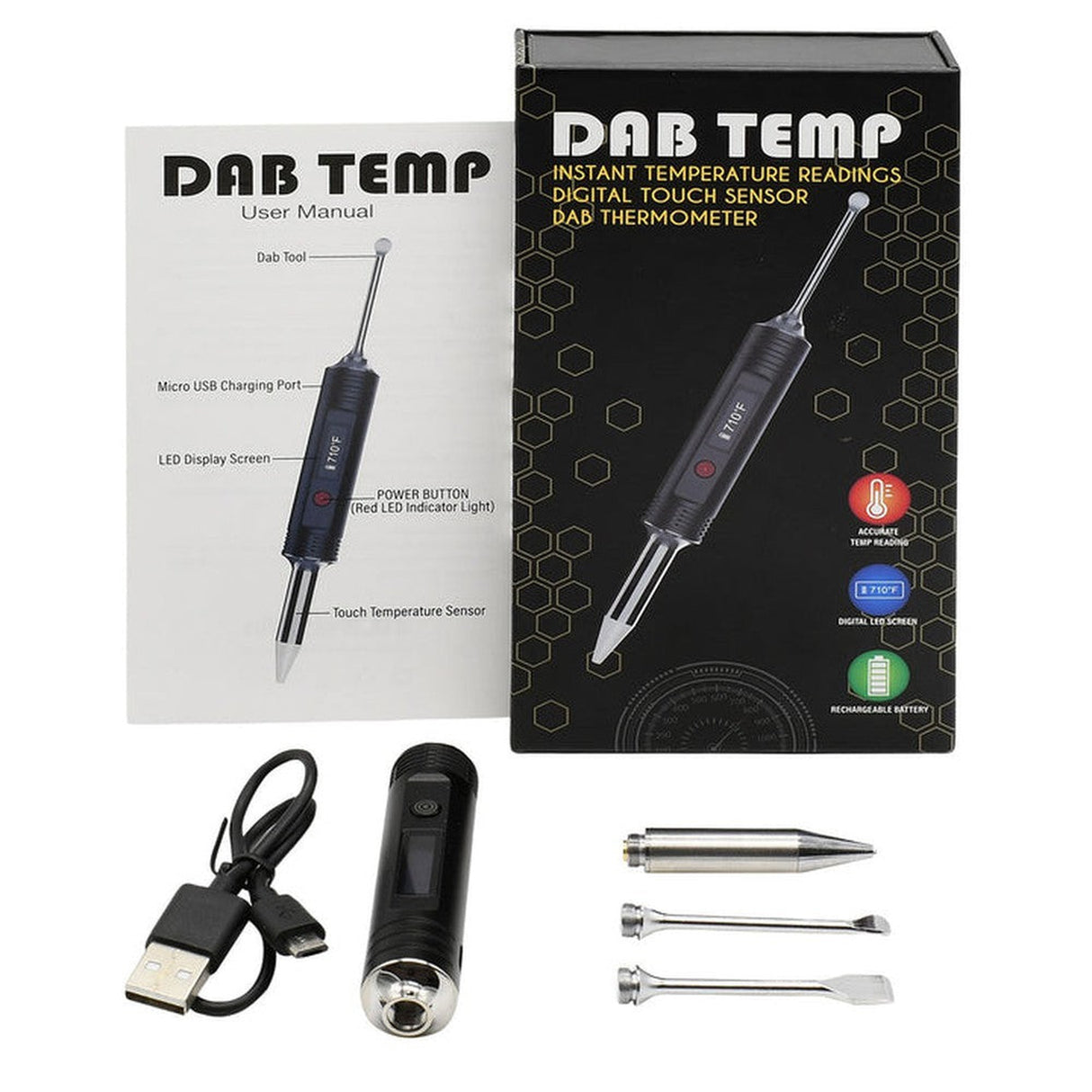 Dab Temp Reader with LED display and red button, featuring USB connectivity and boxed packaging, designed for precise temperature control in dabbing sessions.