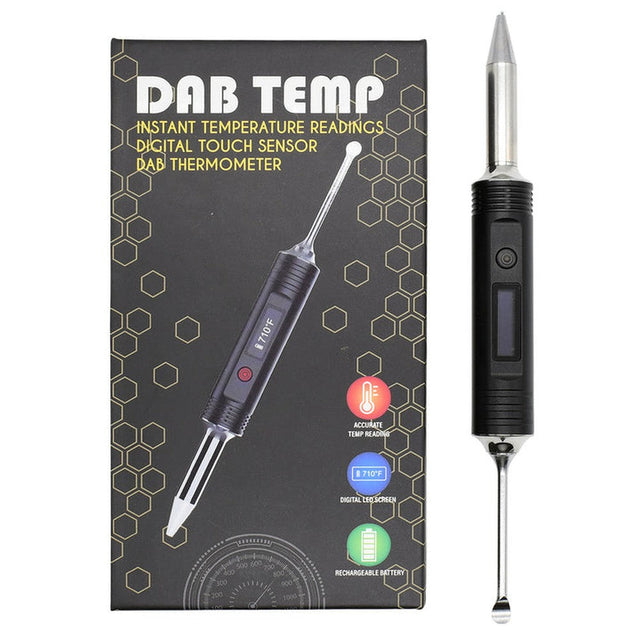 Black electronic HoneyStick Dab Temp Reader with a red button, designed for precise temperature control in dabbing, featuring an easy-to-read digital display.