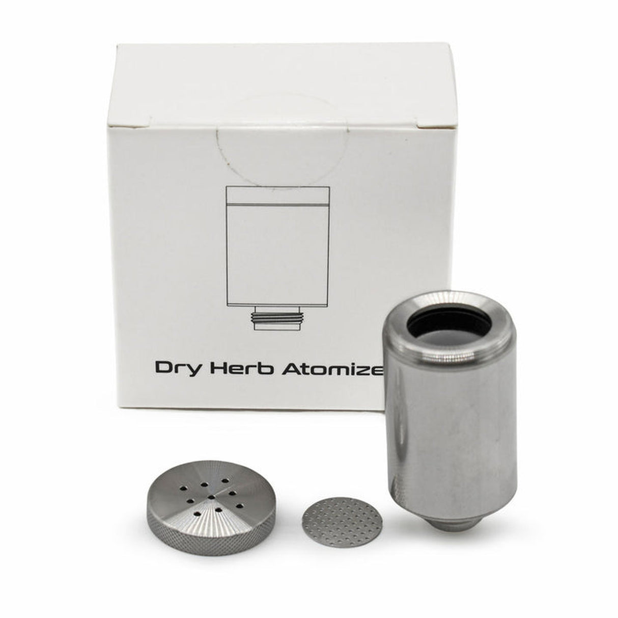 Dry Herb Atomizer Replacement for Ripper E Rig featuring a silver ceramic heater and circular metal component, alongside packaging displaying a herb atomizer image.