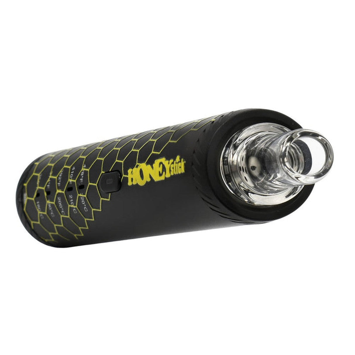 HRB Premium Dry Herb Vaporizer, a sleek black and yellow device, designed for optimal vaping with a spacious ceramic chamber and multiple mouthpiece options.