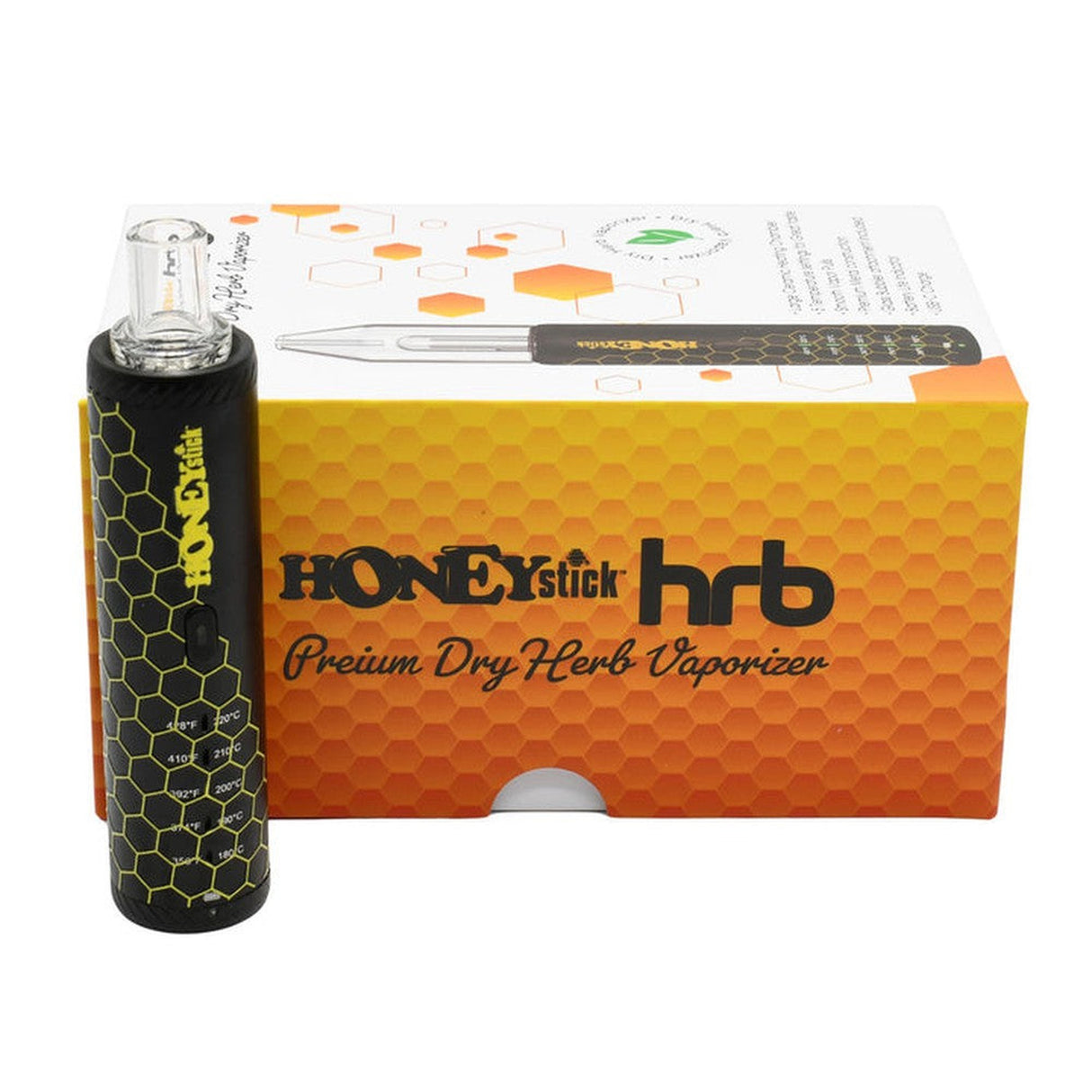 HRB Premium Dry Herb Vaporizer on its packaging, showcasing a sleek device design ideal for an enhanced vaping experience.