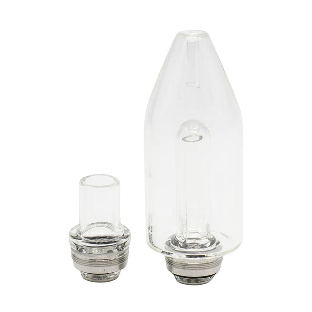 HRB Premium Dry Herb Vaporizer with a clear glass and silver metal design, featuring a glass mouthpiece and spacious ceramic chamber for efficient heating.