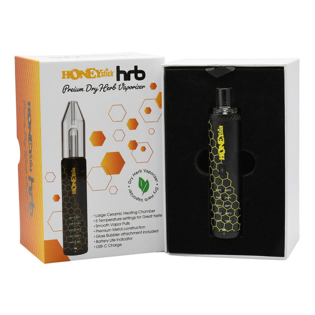 HRB Premium Dry Herb Vaporizer in box, featuring a compact black and yellow design, ideal for portable vaping experiences with customizable mouthpieces and temperature settings.