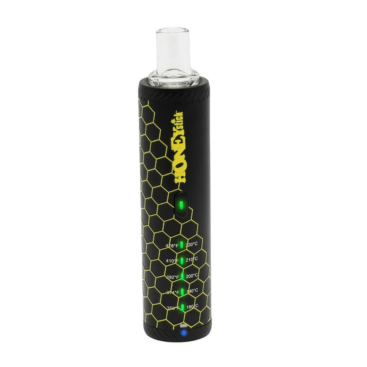 HRB Premium Dry Herb Vaporizer with a sleek black and yellow design, green LED lights, and multiple mouthpiece options for customizable vaping experiences.