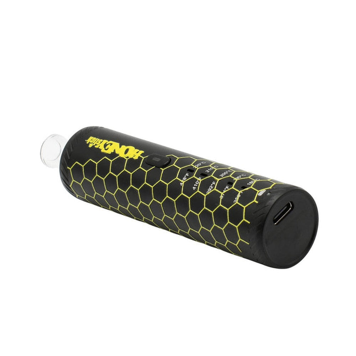 HRB Premium Dry Herb Vaporizer with black and yellow cylindrical design, featuring a transparent cap.